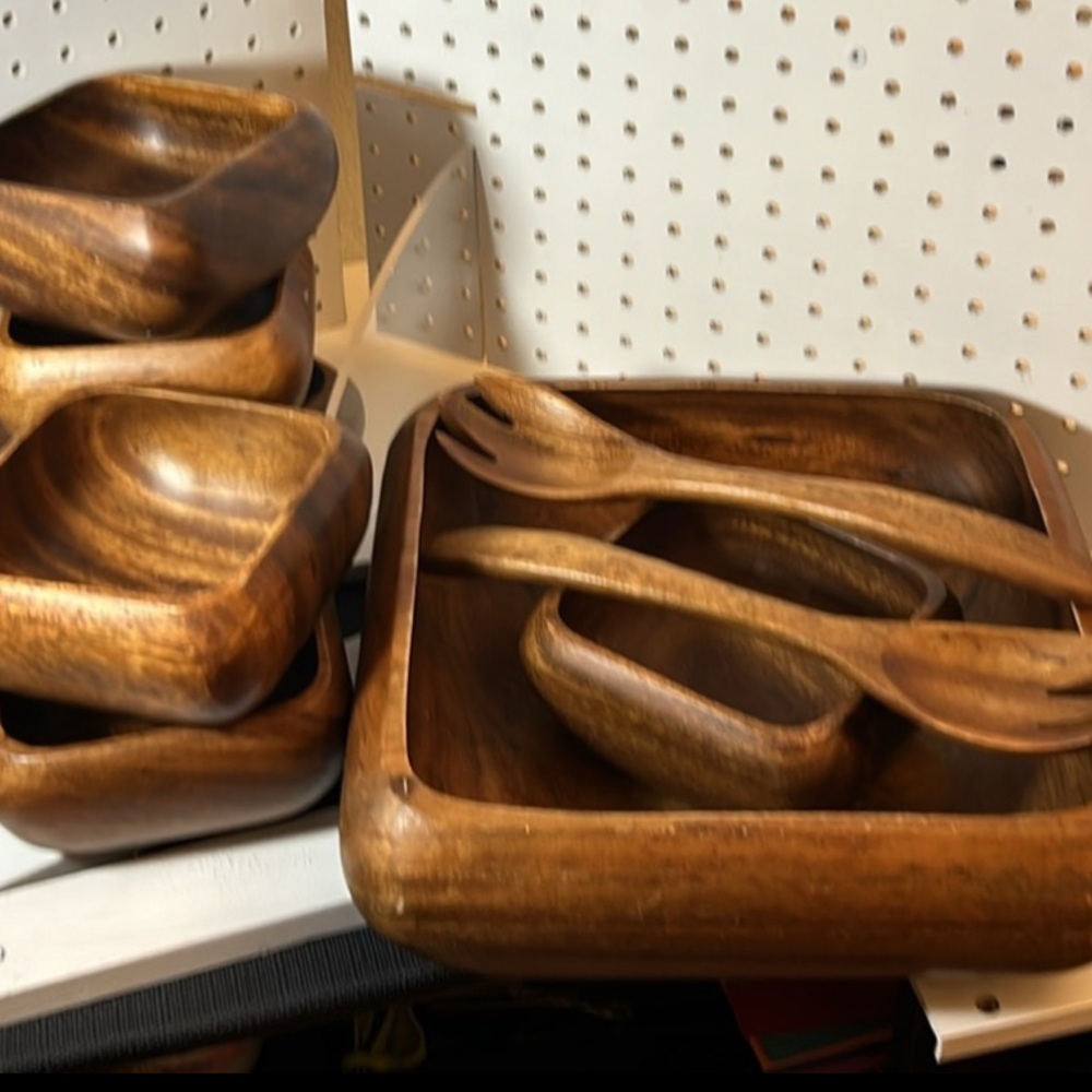 VINTAGE GENUINE MONKEY POD Square Salad Bowl 11 Piece Set - Picture 5 of 7